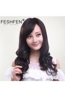 FESHFEN真發(fā)假發(fā)女時(shí)尚長(zhǎng)發(fā)長(zhǎng)卷發(fā)斜劉海手織透氣逼真梨花卷頭套