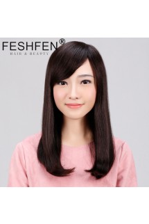 FESHFEN真發(fā)假發(fā)中長(zhǎng)發(fā)梨花頭真人發(fā)絲時(shí)尚女士逼真機(jī)制手織頭套